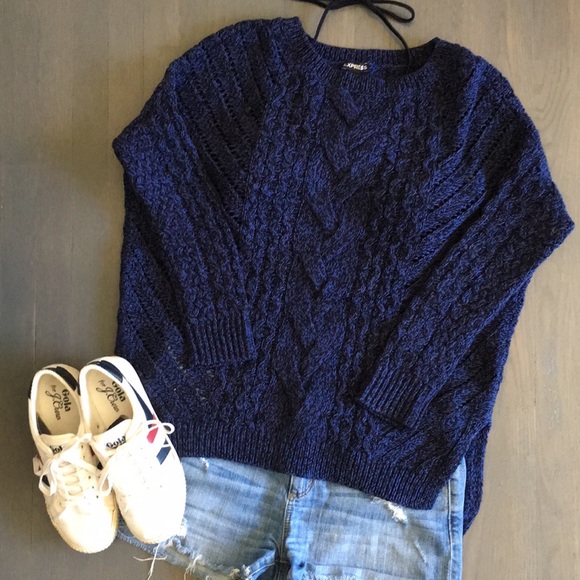 Express Blue & Black Open Weave Cable Knit Hi-lo Hem Pullover Sweater, sz Medium - Picture 13 of 13